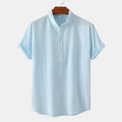 Cotton And Linen Stand Collar Casual Short Sleeve