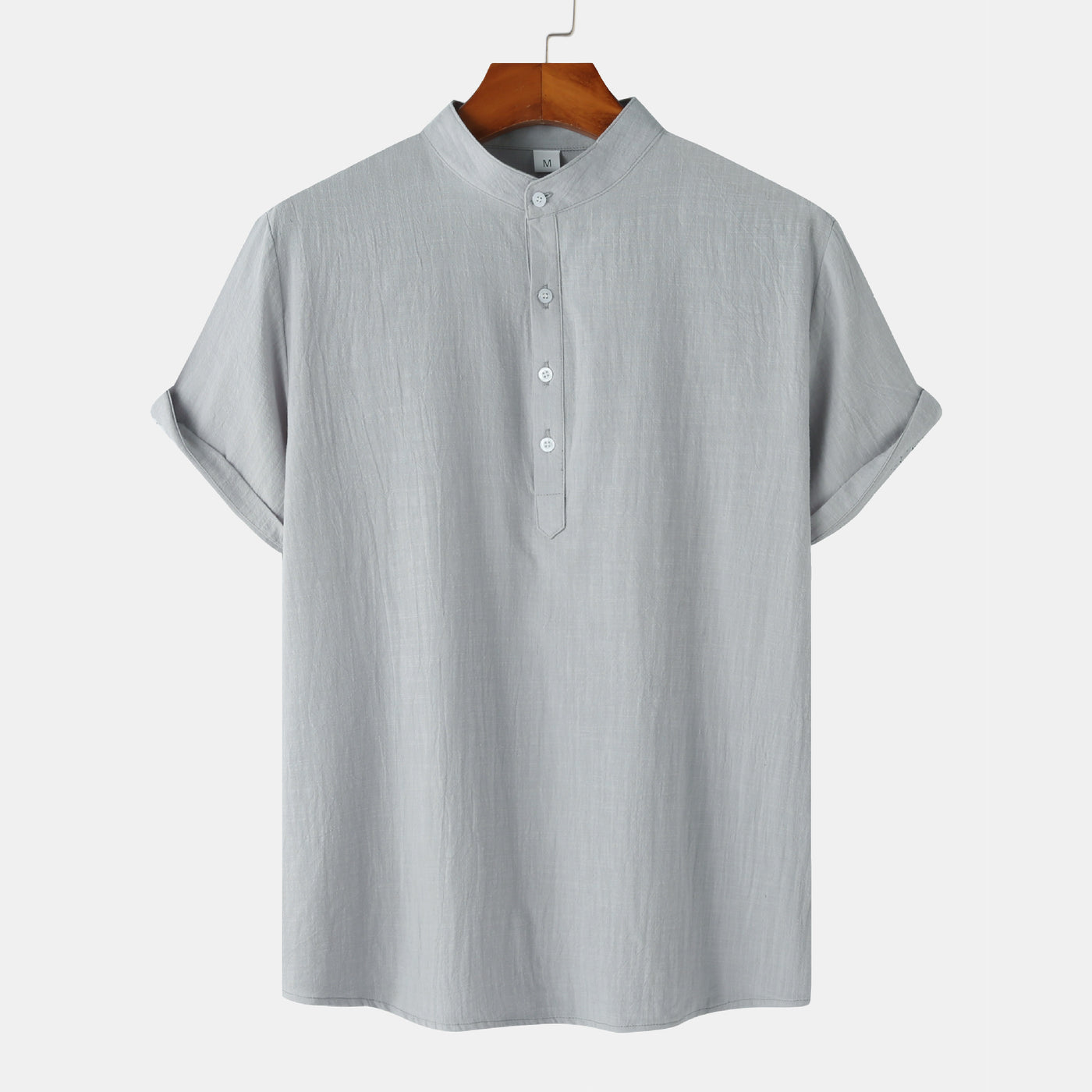 Cotton And Linen Stand Collar Casual Short Sleeve