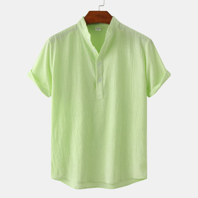 Cotton And Linen Stand Collar Casual Short Sleeve