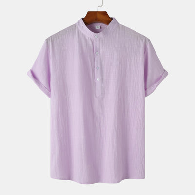 Cotton And Linen Stand Collar Casual Short Sleeve