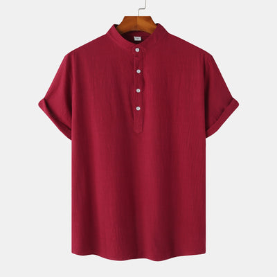 Cotton And Linen Stand Collar Casual Short Sleeve